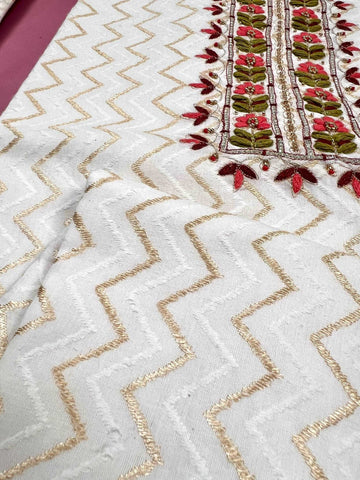 Pure White Ethnic Floral Linen Ready to Wear Pure Cotton Kurti Set